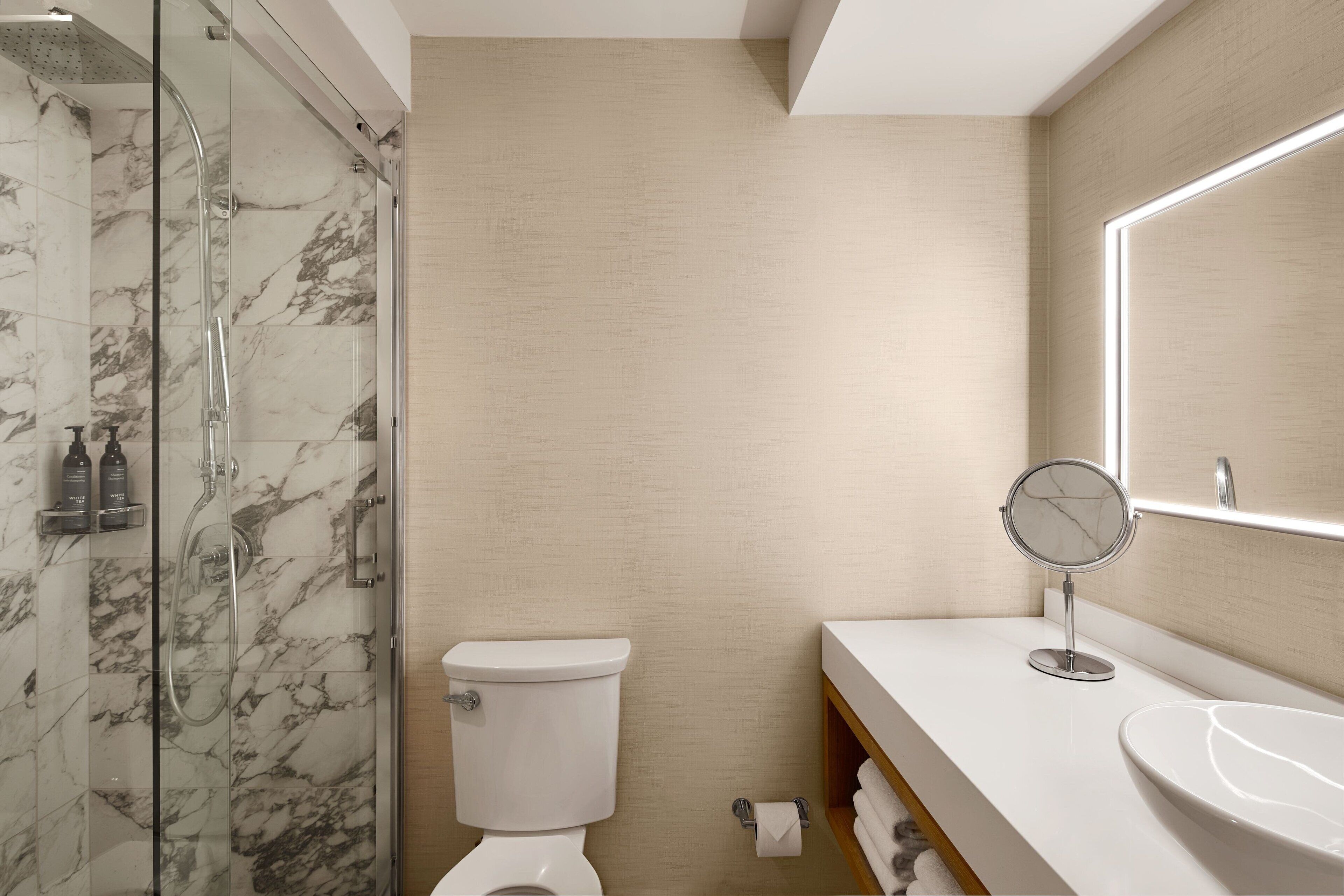 A modern bathroom with a glass shower enclosure, a toilet, a sink with a marble countertop, and a mirror.