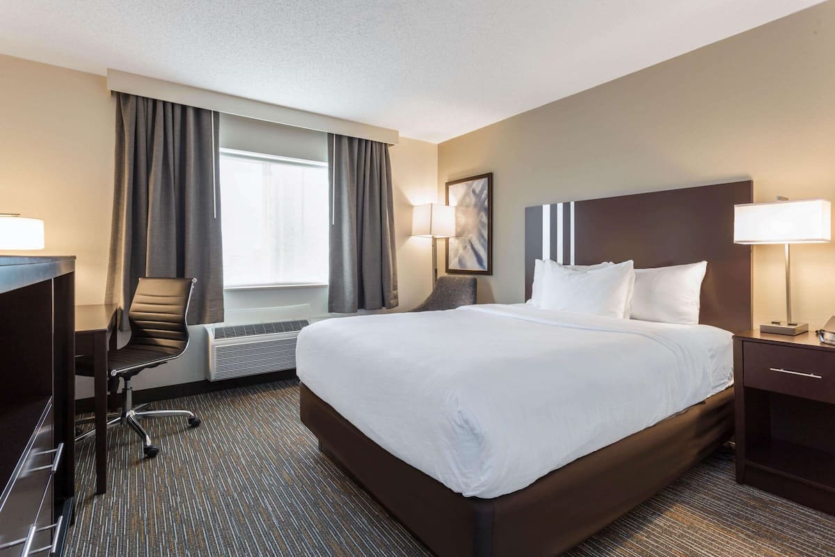 Quarto de hotel com uma cama grande, uma escrivaninha com cadeira, luminária e janela com cortinas.