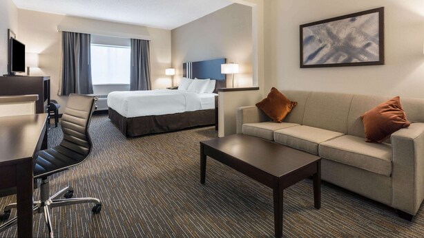 A hotel room with a bed, a sofa, a desk, and a television.