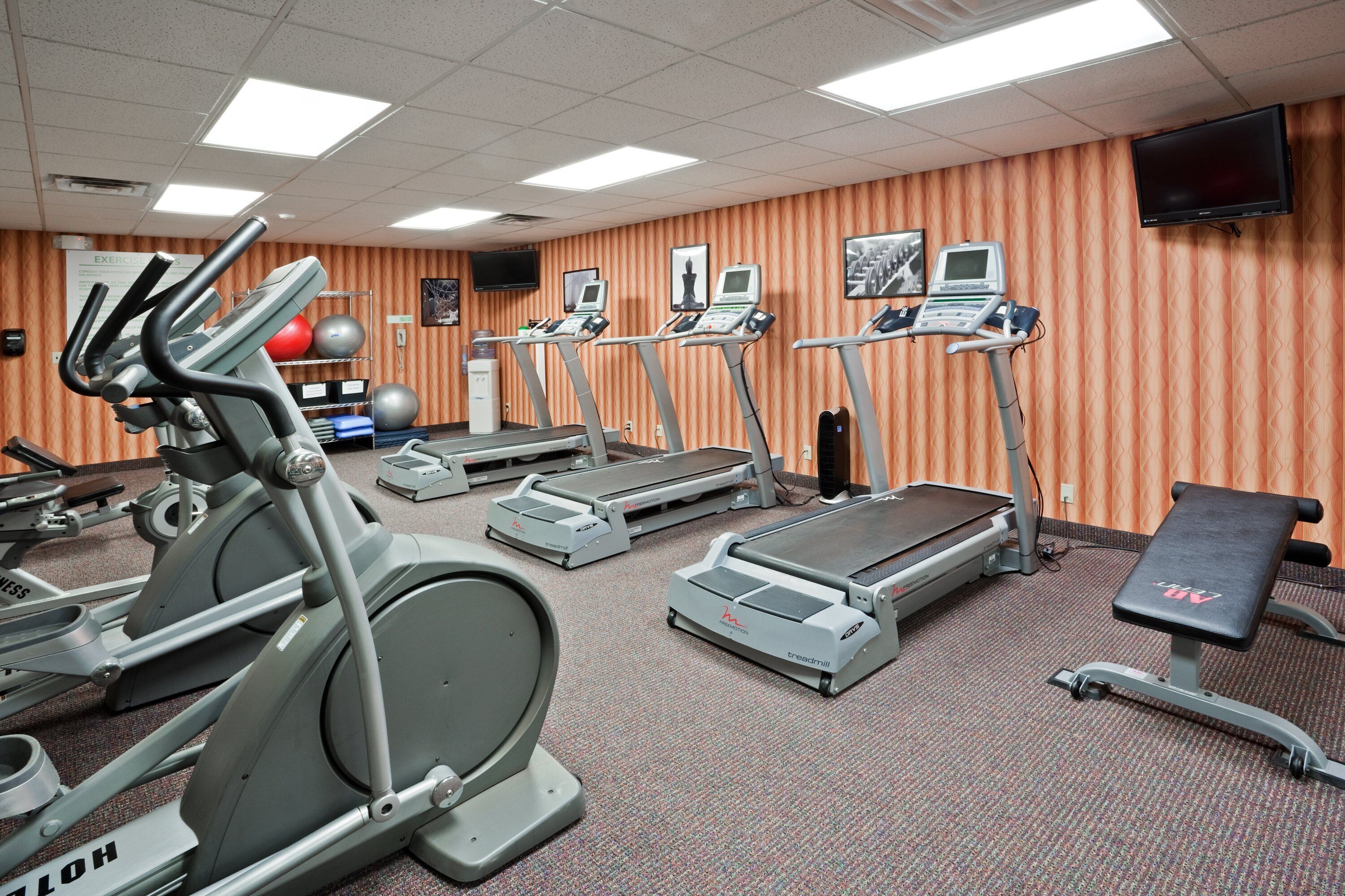 A gym with treadmills, elliptical machines, and exercise balls.
