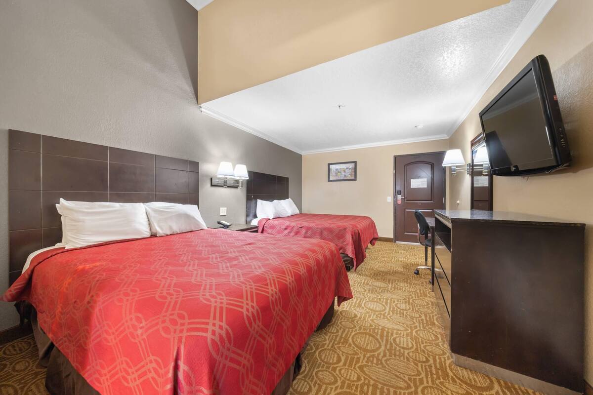 A hotel room with two beds, a desk, a television, and a patterned carpet.