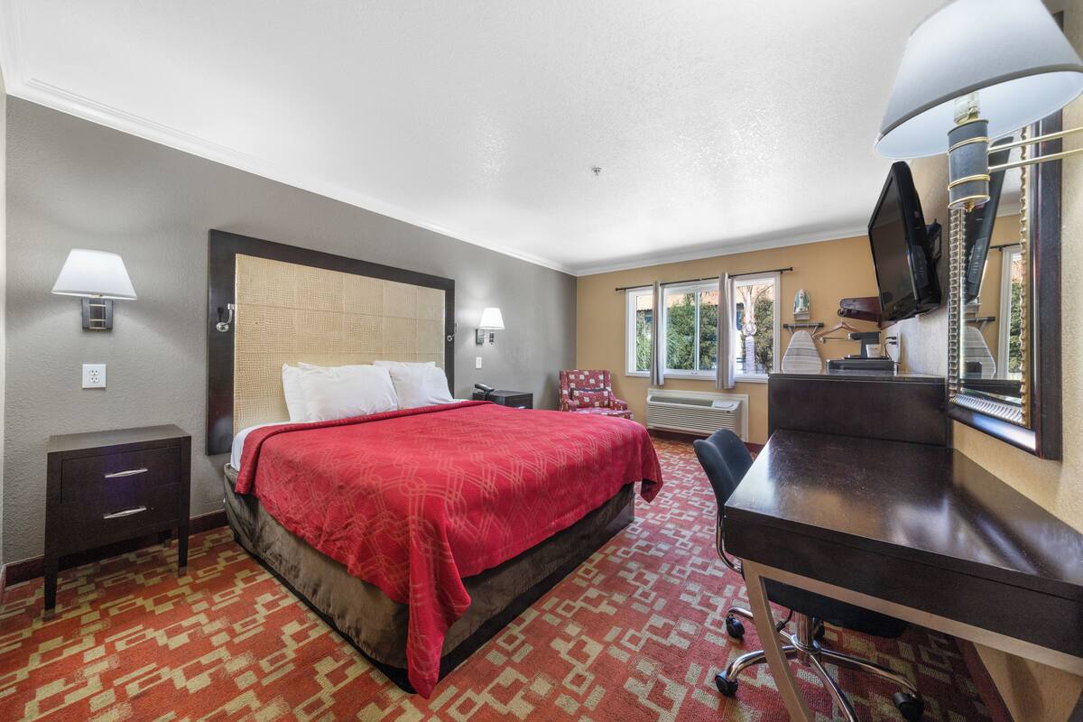A hotel room with a bed, a desk, a chair, a TV, and a window.