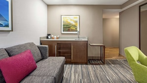 Une chambre d’hôtel moderne avec un canapé gris, une petite kitchenette, un tableau encadré au mur et un fauteuil vert.
