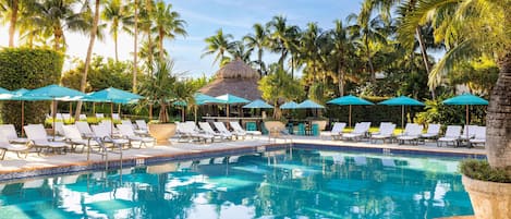 Outdoor pool, a heated pool, open 8:00 AM to 8:00 PM, pool umbrellas