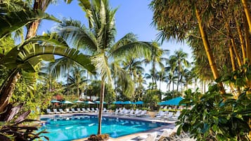 Una piscina al aire libre, una piscina climatizada, sombrillas