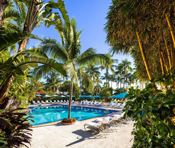 Una piscina al aire libre, una piscina climatizada, sombrillas