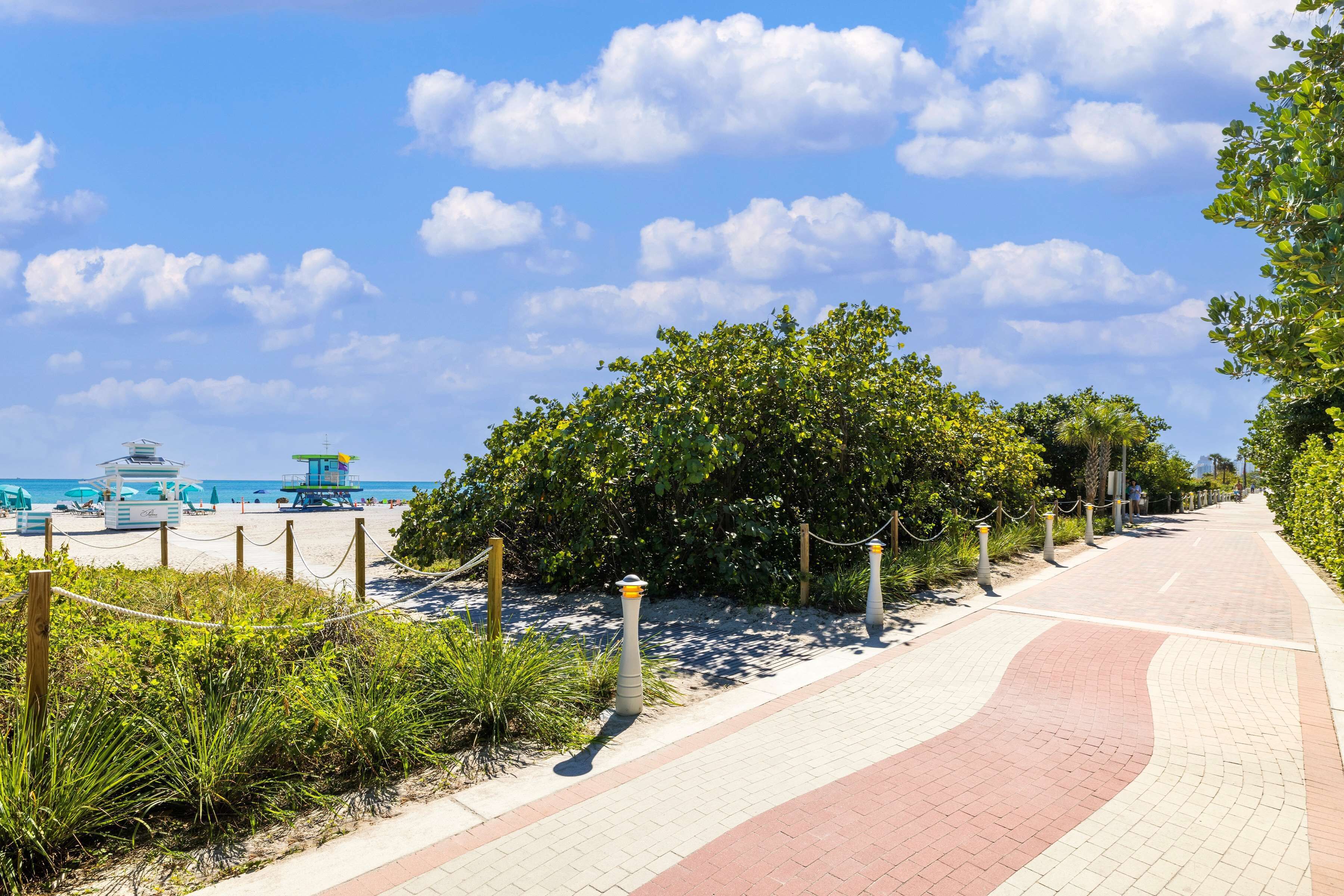 A paved walkway with a red and beige pattern, flanked by greenery and a clear sky.