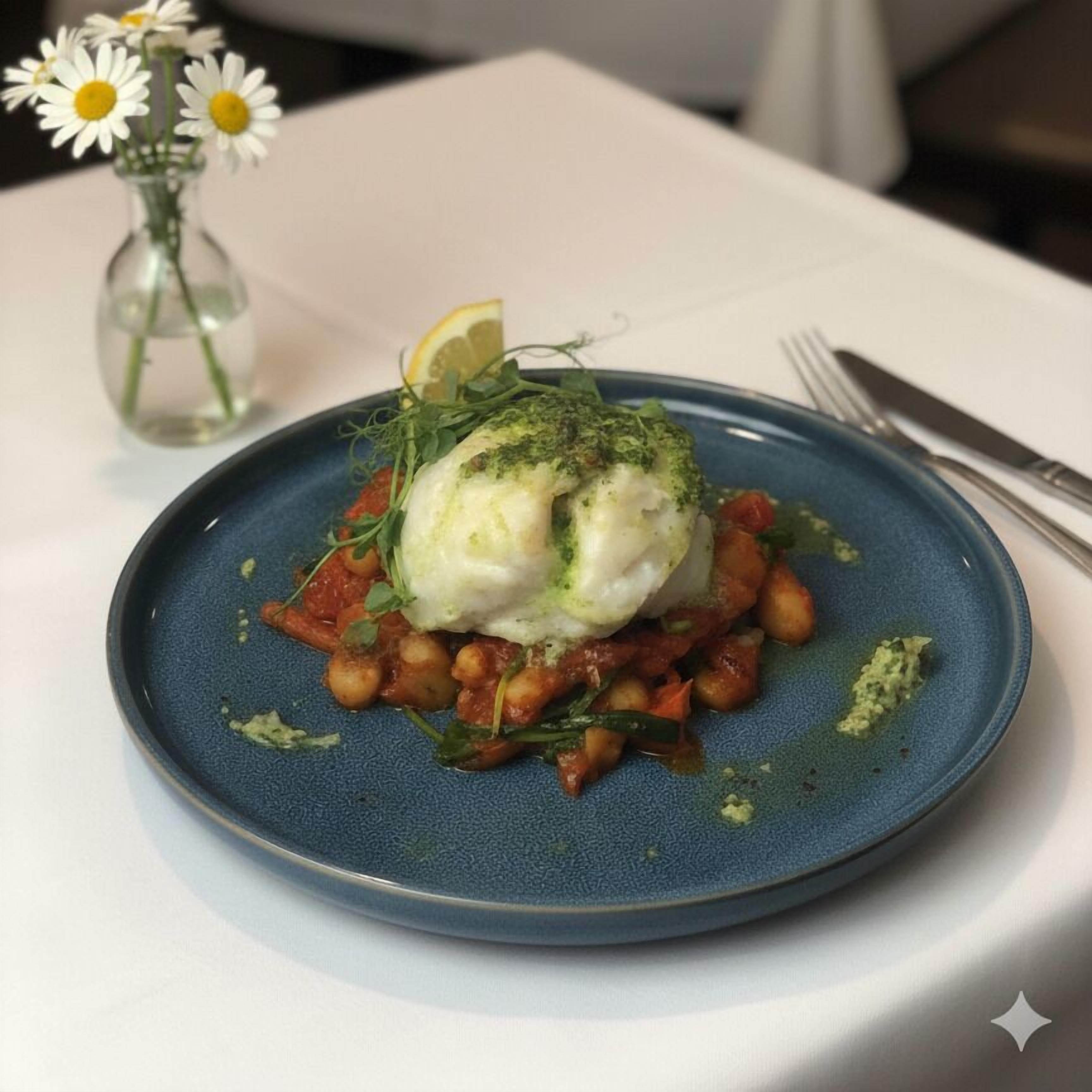 Un plato de comida con un huevo escalfado, garbanzos y vegetales sobre un plato azul.
