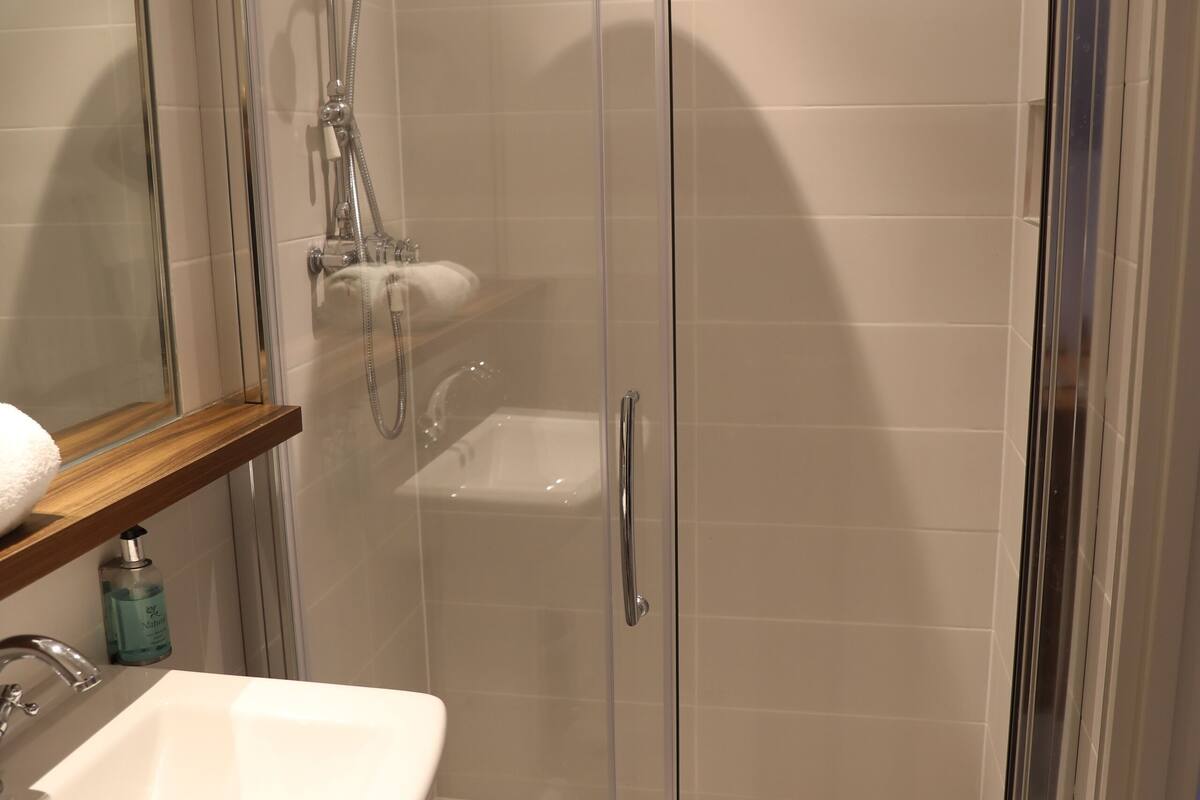 shower, designer toiletries, hair dryer, towels