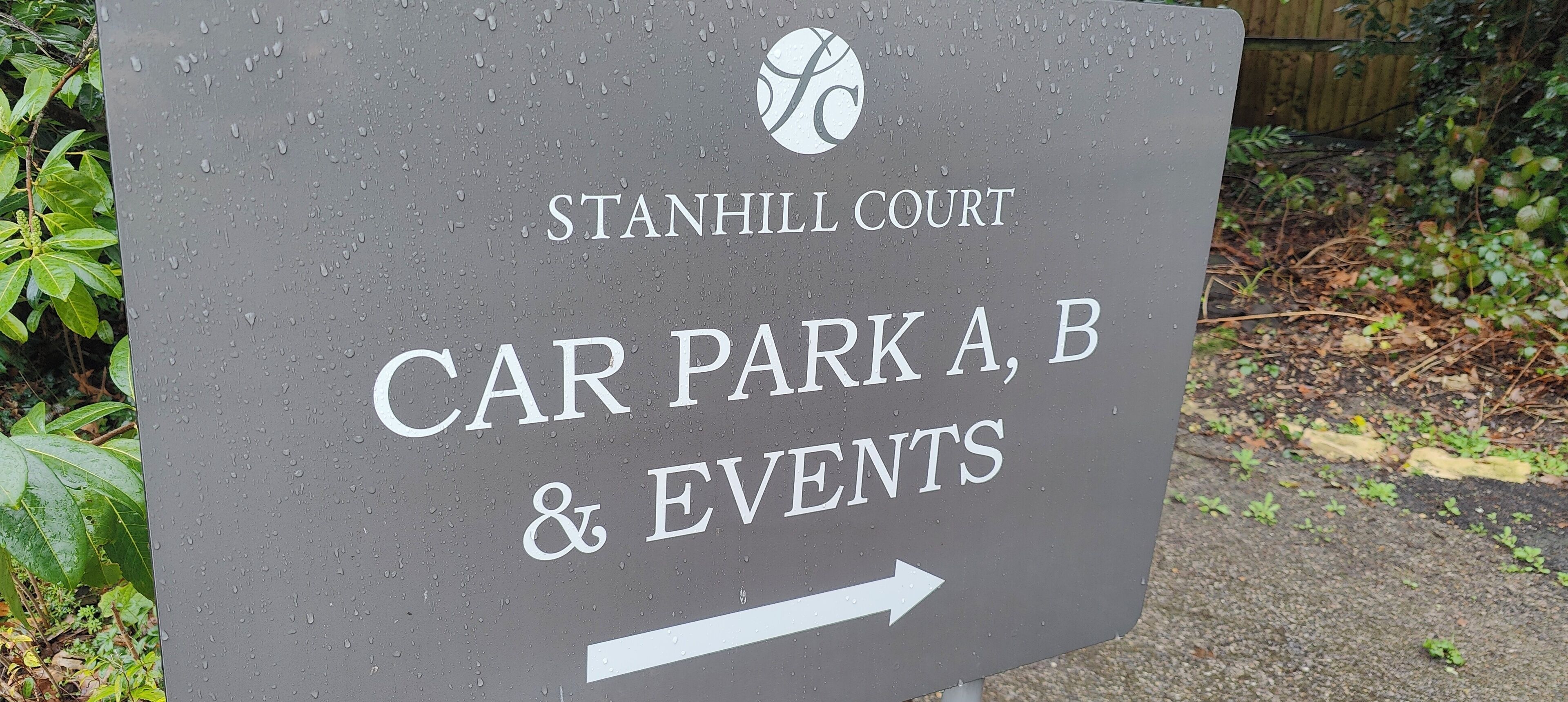 A sign for Stanhill Court's Car Park A, B & Events.