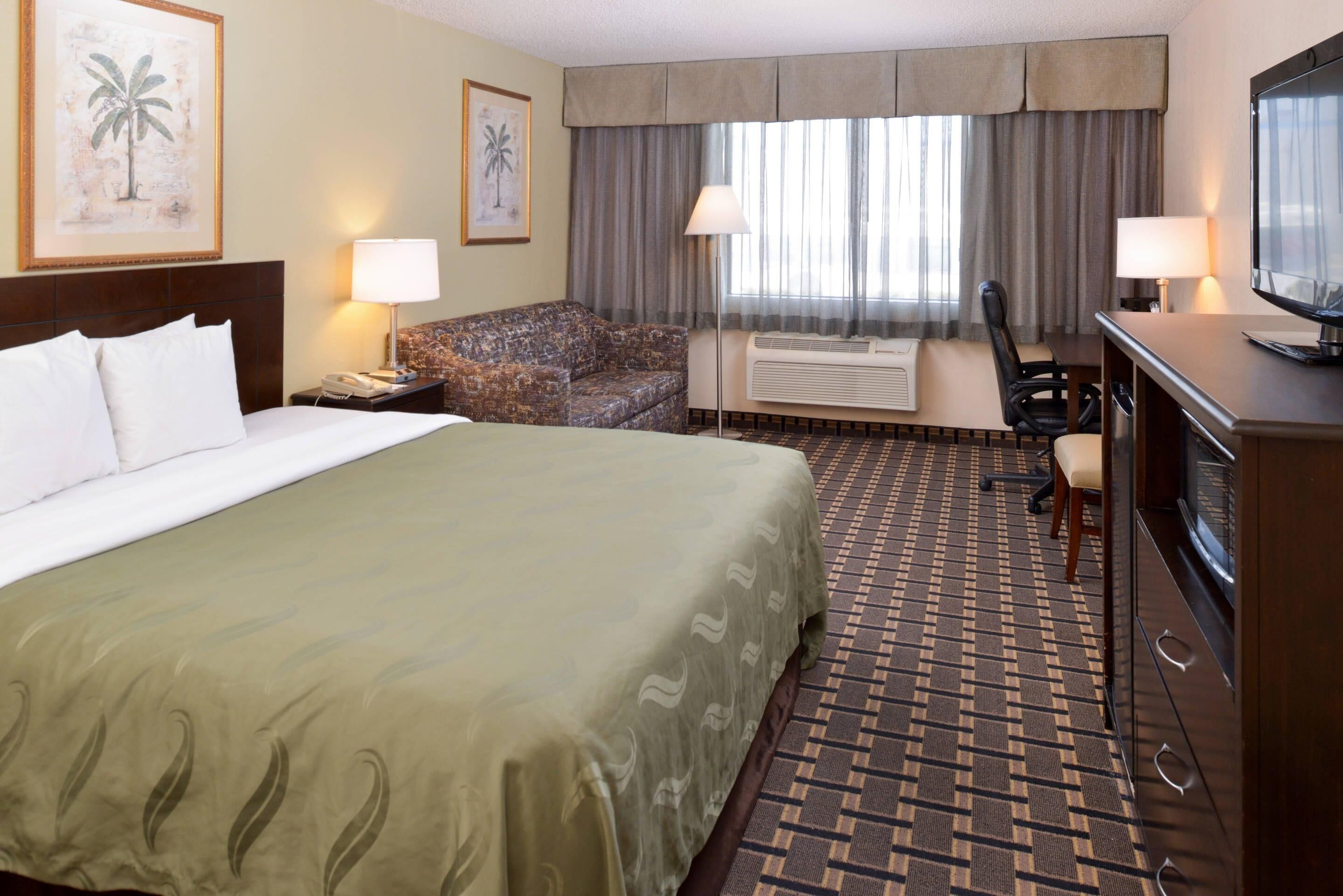 A hotel room with a large bed, a sofa, a desk with a TV, and a chair.