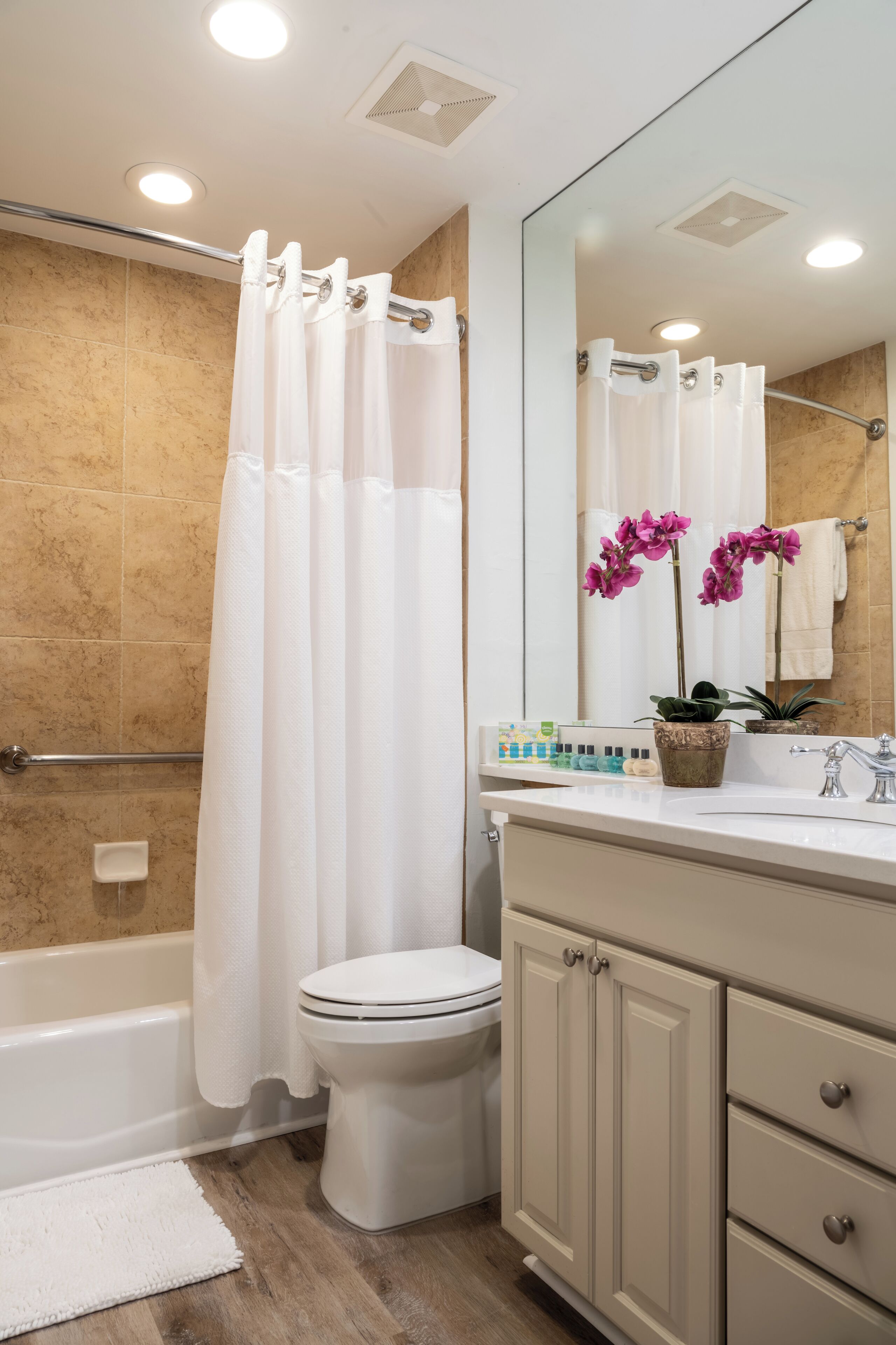 Une salle de bain avec une baignoire, des toilettes et un meuble-lavabo avec un miroir.