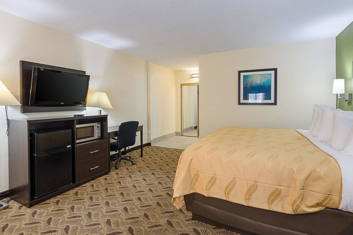 A hotel room with a bed, a desk with a television, a microwave, and a chair.
