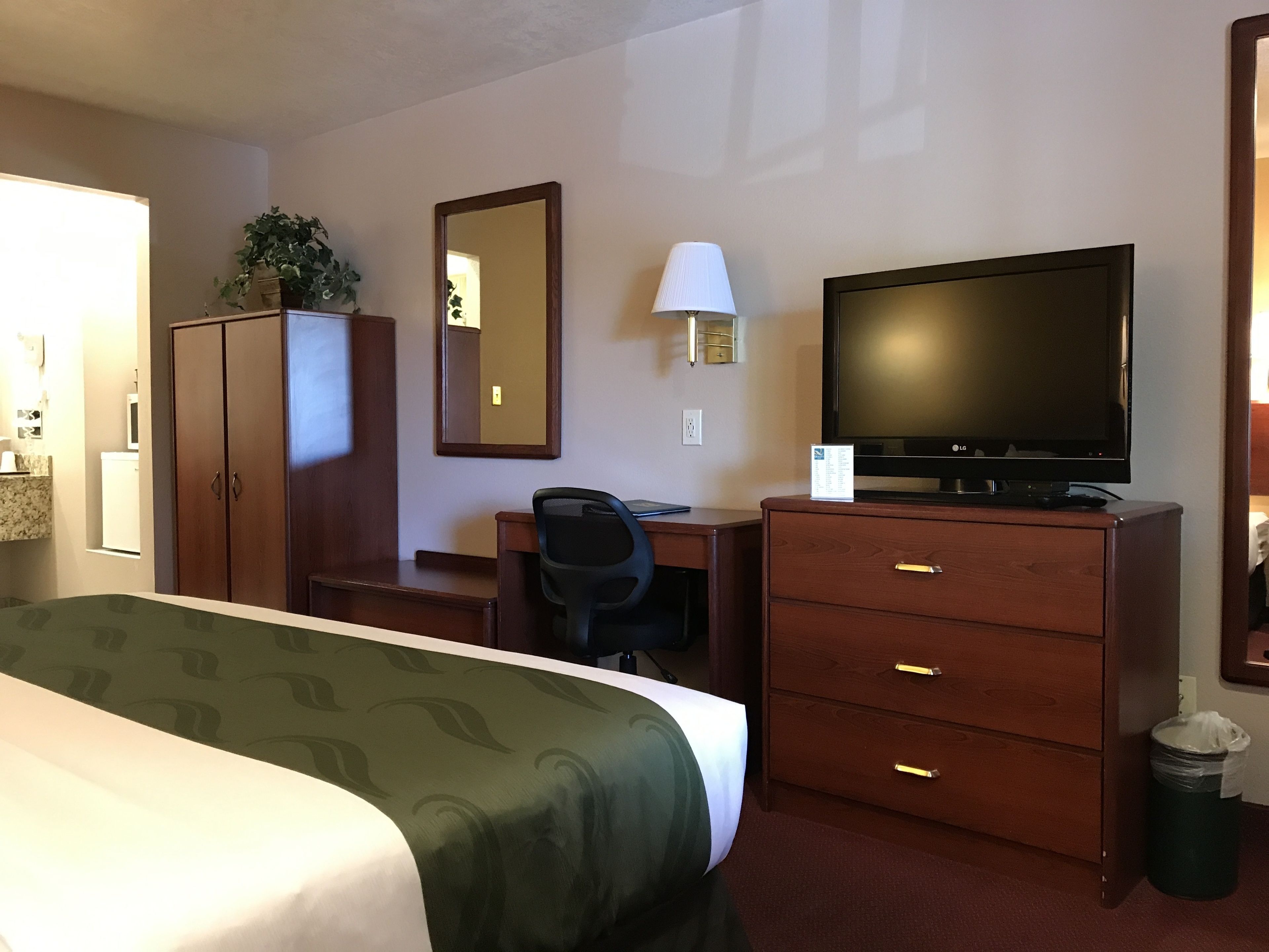 A hotel room with a bed, a desk, a chair, a television, a dresser, a mirror, and a trash can.