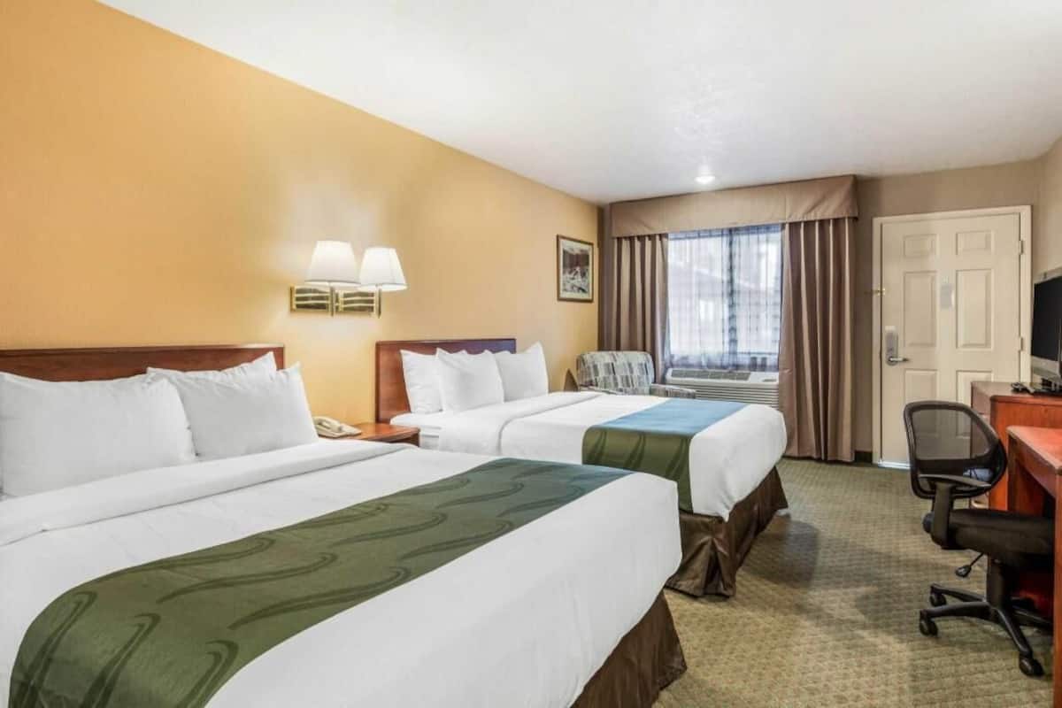 A hotel room with two beds, a desk, a chair, a lamp, a window with curtains, and a door.