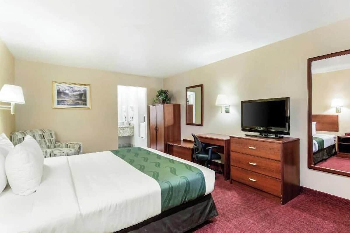 A hotel room with a bed, desk, television, and a mirror.