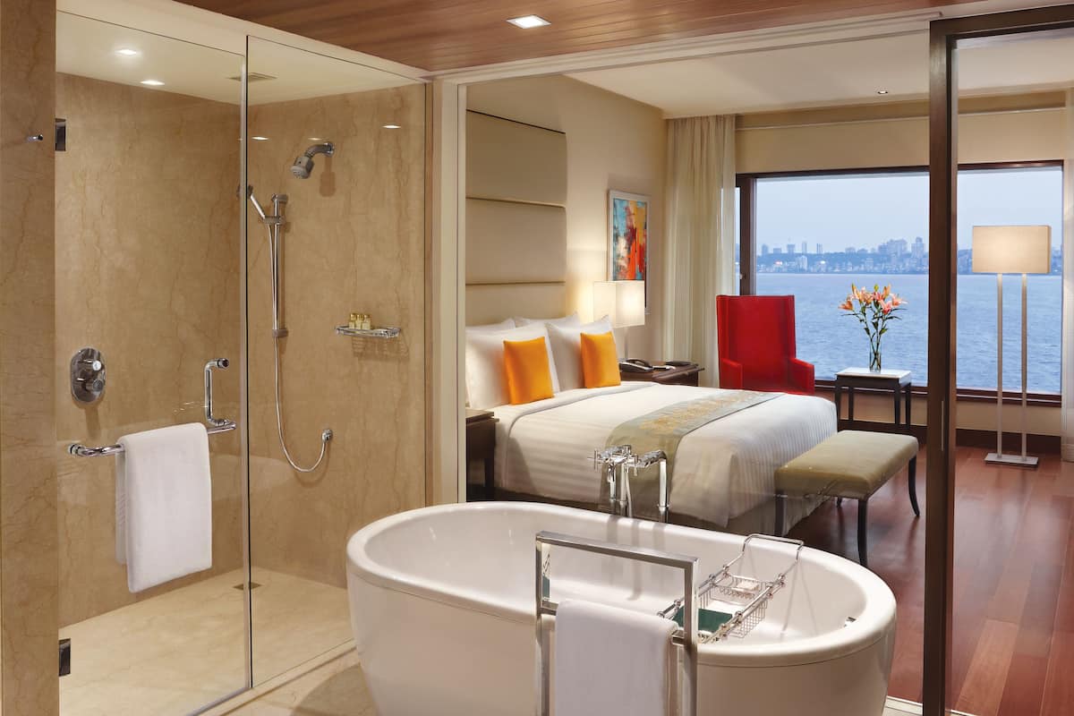 Separate tub and shower, deep soaking tub, designer toiletries