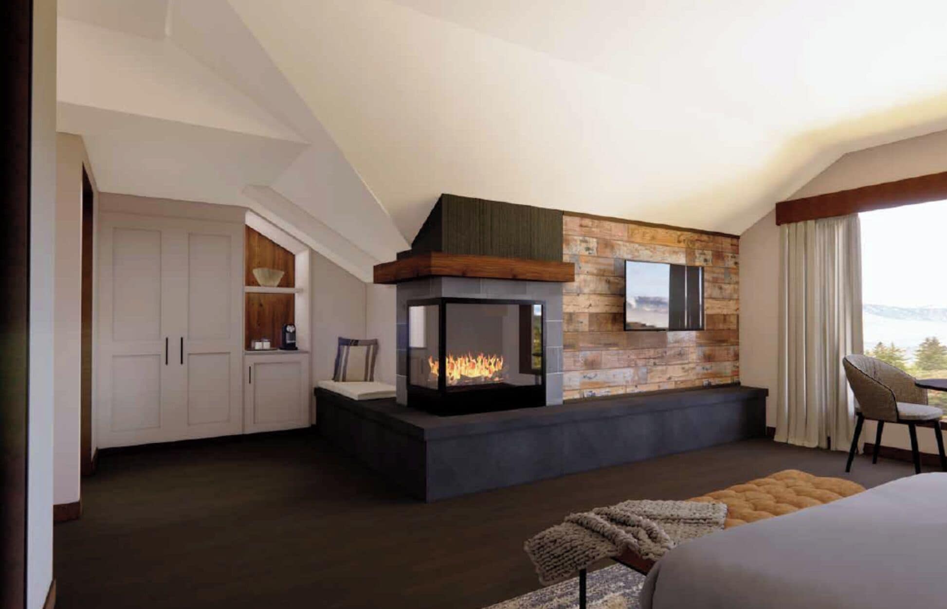 豪華套房 (Waterfall) | 起居區 | 平面電視、壁爐、iPod 底座