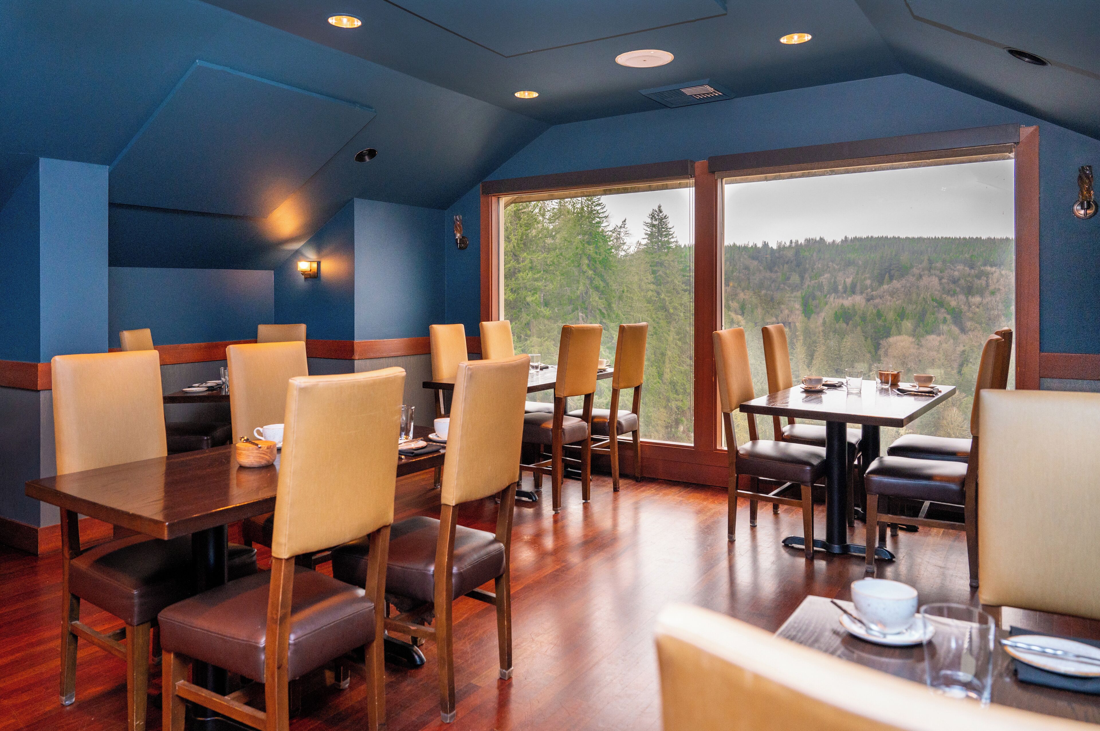 Un restaurante con mesas y sillas de madera, amplias ventanas con vista a un bosque y paredes azules.