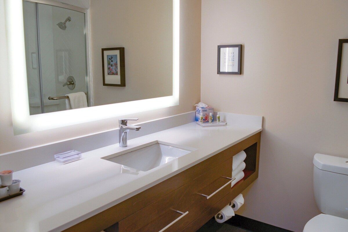 A bathroom with a white sink, a mirror, a toilet, and a shower.