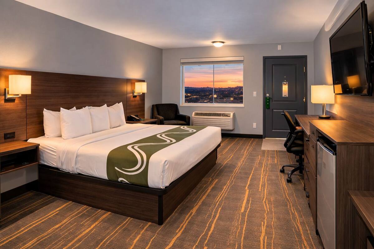 A hotel room with a large bed, a desk, a chair, a TV, and a window with a city view.