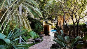 Uma trilha de pedra serpenteia por um jardim tropical, com diversas plantas e um edifício ao fundo.