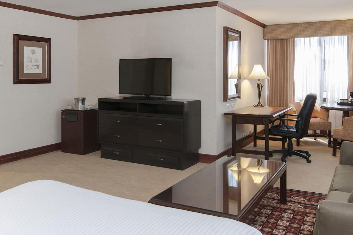 A hotel room with a bed, a desk with a chair, a television, a dresser, and a lamp.