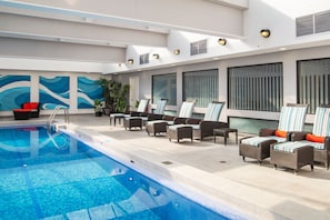 Indoor pool, outdoor pool, pool loungers