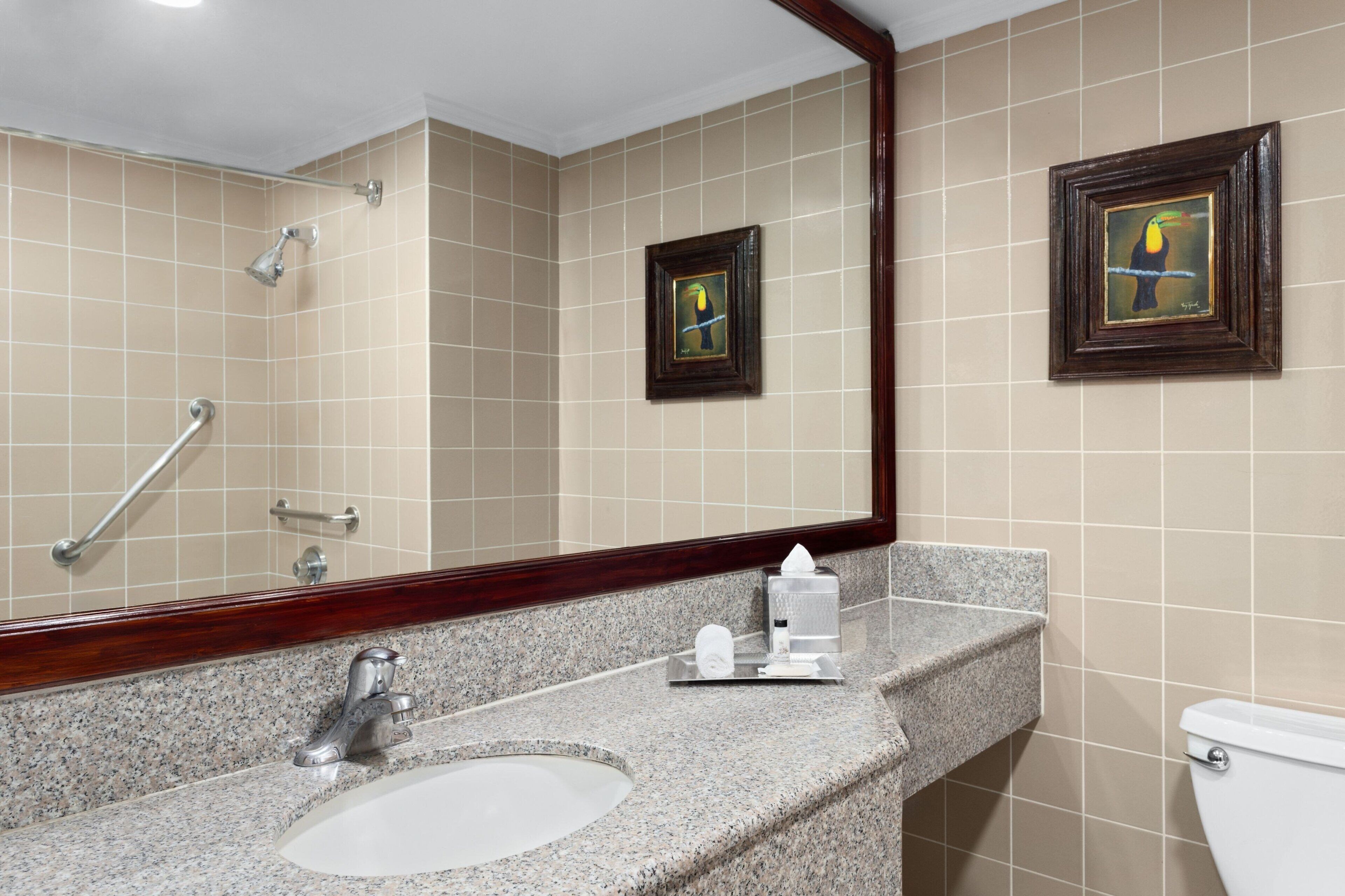 combined shower/bathtub, deep-soaking bathtub, free toiletries