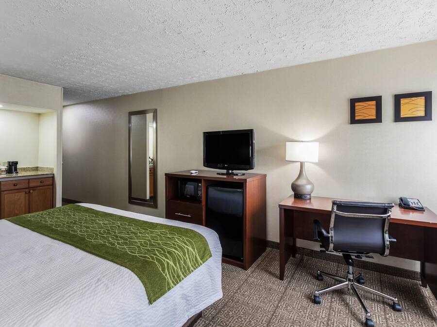 A hotel room with a bed, a desk, a chair, a television, a mirror, and two framed pictures on the wall.