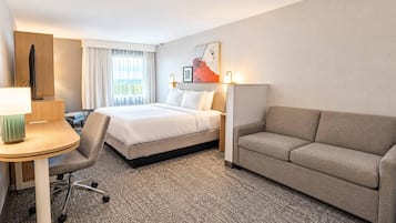 A hotel room with a bed, a sofa, a desk with a lamp, and a chair.