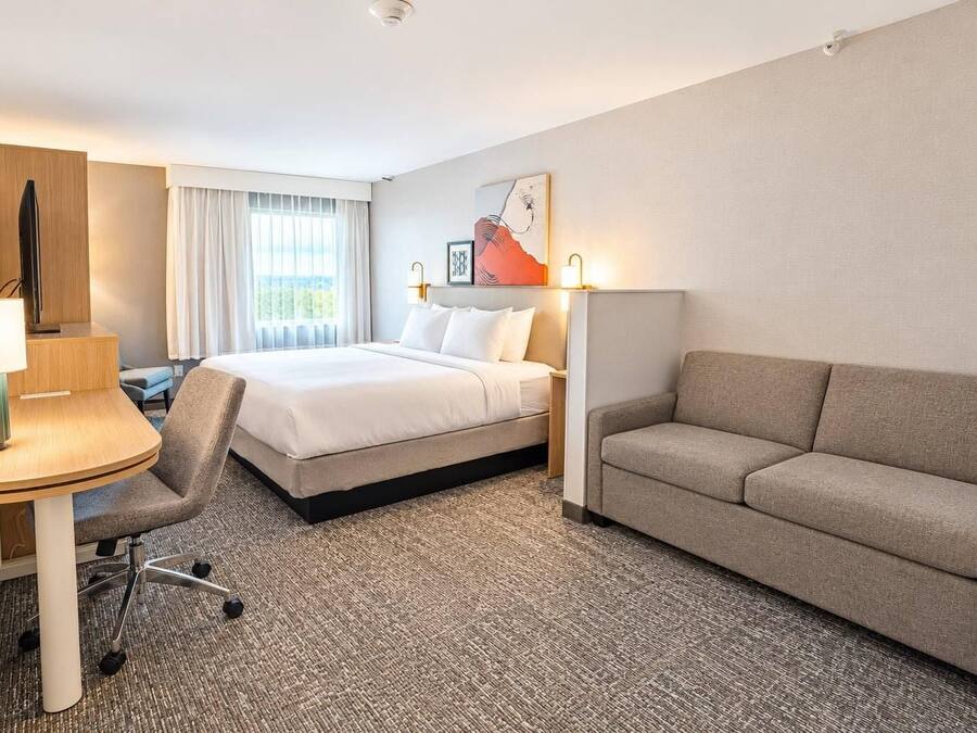 A hotel room with a bed, a sofa, a desk with a lamp, and a chair.
