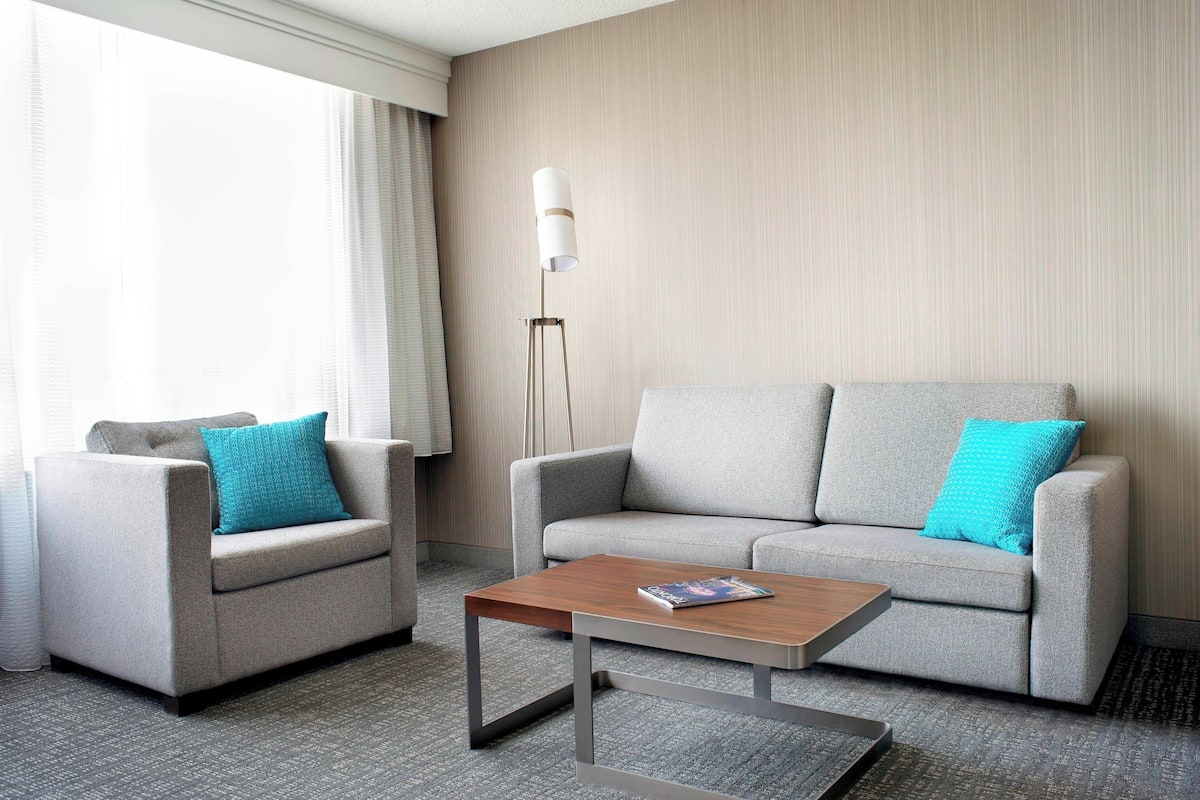 Suite, 1 habitación, para no fumadores, en esquina | Área de sala de estar | Televisión de pantalla plana de 38 pulgadas con canales por cable