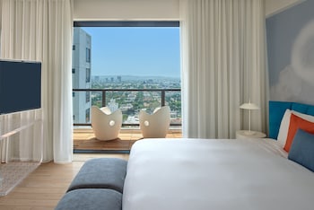 Hotel room view looking out at Mondrian Los Angeles