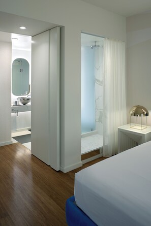 Shower, rainfall showerhead, designer toiletries, hair dryer - The Valorian Los Angeles, Curio Collection by Hilton (West Hollywood)