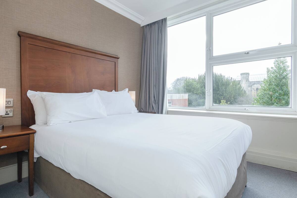 A hotel room with a large bed, a wooden headboard, a nightstand with a lamp, and a window with a view of trees and buildings.