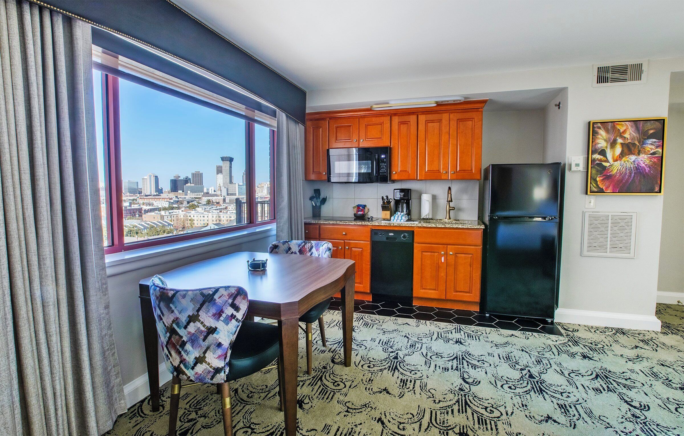 Fridge, microwave, coffee/tea maker, toaster oven