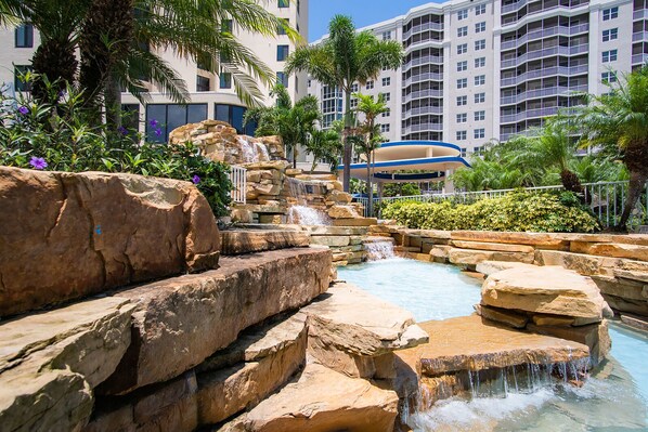 Outdoor pool, pool umbrellas, sun loungers