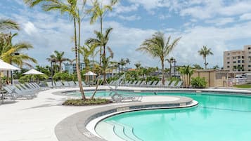 Outdoor pool, pool umbrellas, sun loungers