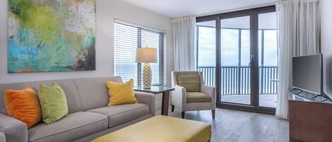 Two Bedroom Condo BEACHFRONT | Living area | Flat-screen TV, DVD player, pay movies