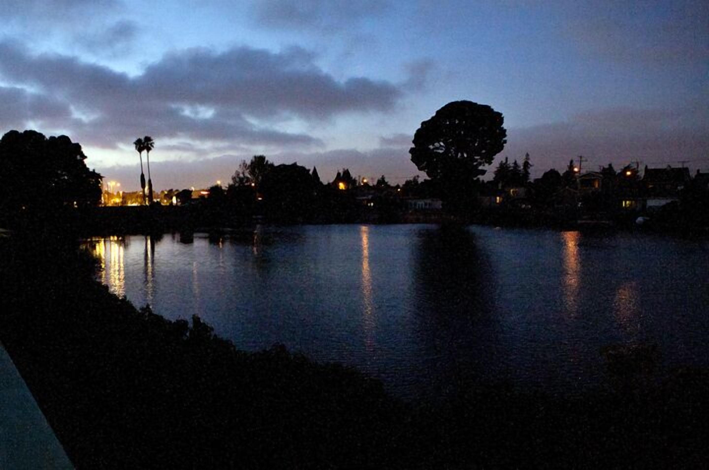 A nighttime view of a lake with reflections of lights, trees, and distant buildings.