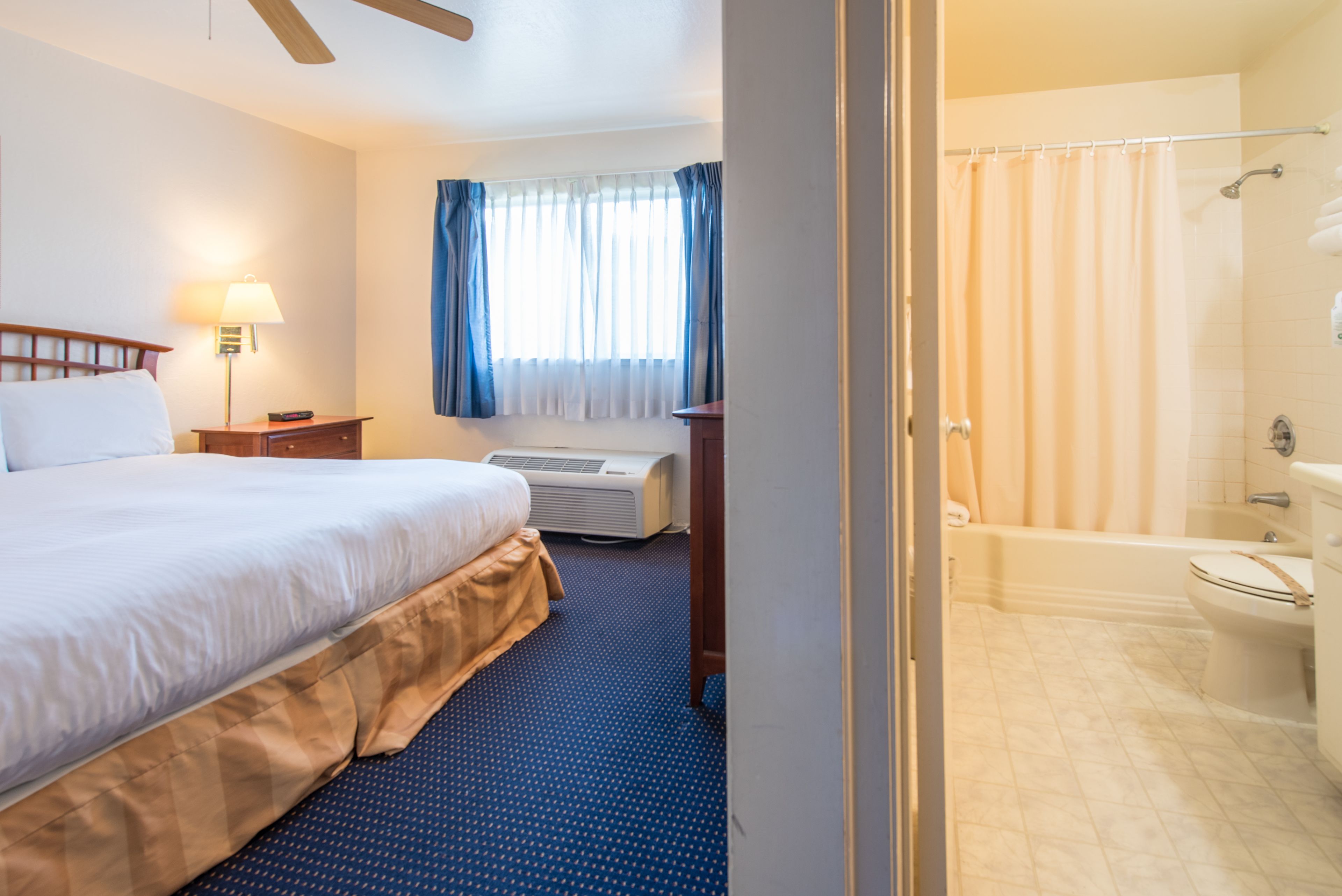 A hotel room with a large bed, a bedside table with a lamp, a window with curtains, an air conditioning unit, and a bathroom with a bathtub and toilet.