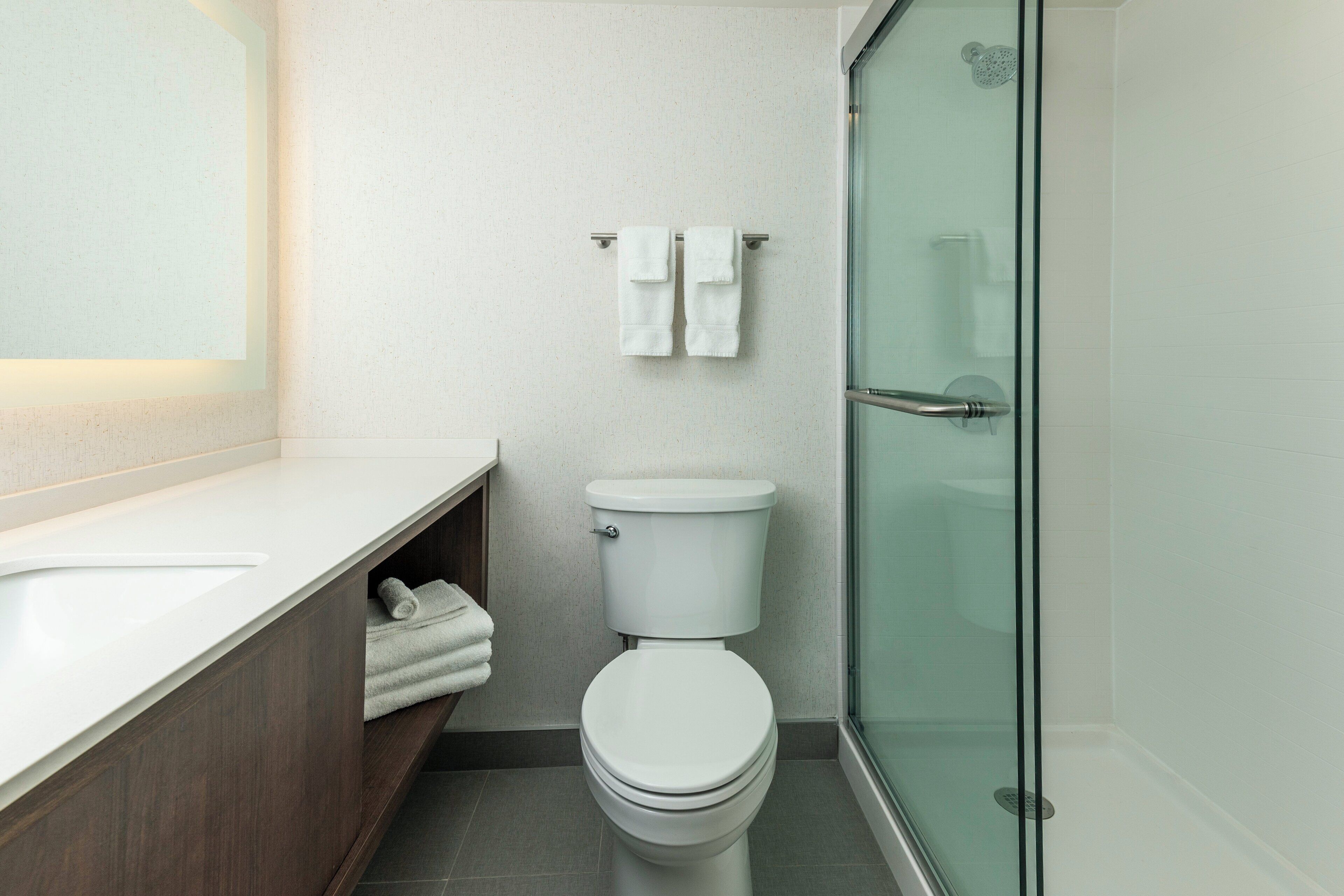 Une salle de bain moderne avec des toilettes, une douche à parois de verre et un meuble-lavabo en bois.
