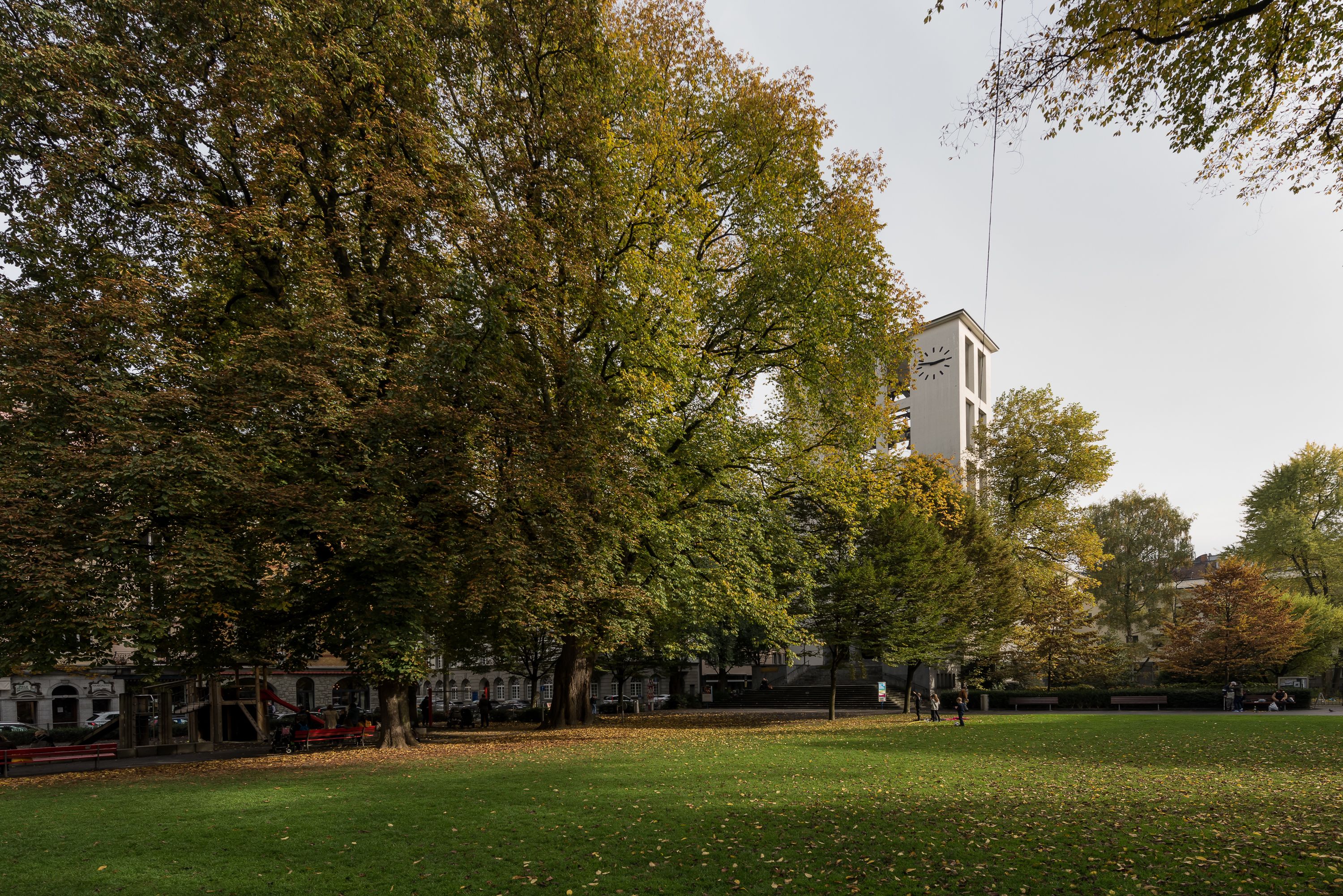 Un parc avec un grand arbre, une aire de jeux et un bâtiment doté d’un clocher.