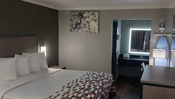 Desk, laptop workspace, blackout curtains, free WiFi