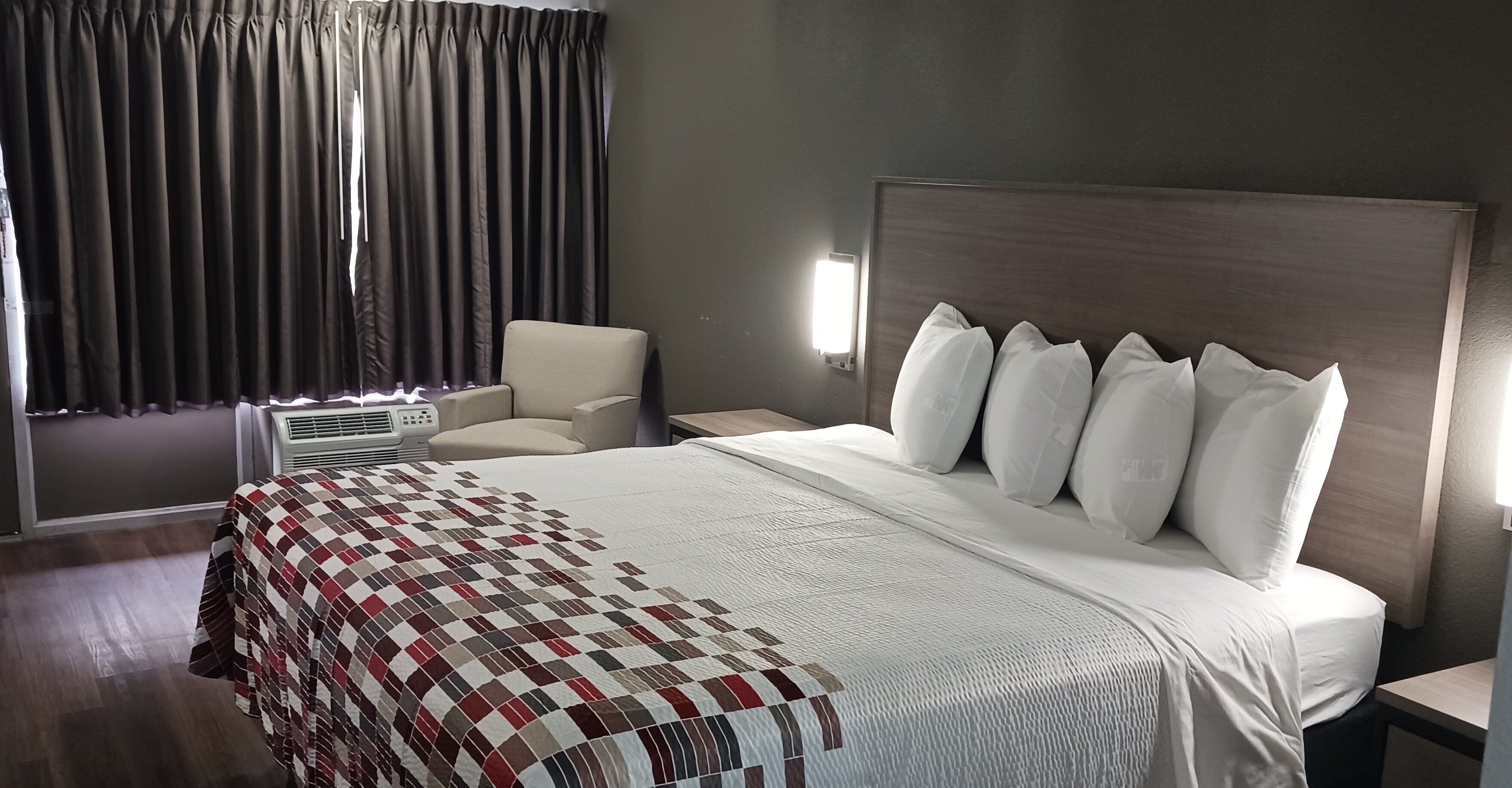 Desk, laptop workspace, blackout curtains, free WiFi