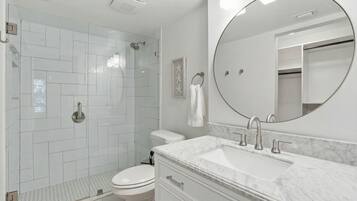 A modern bathroom with a shower, toilet, vanity, and a large mirror.