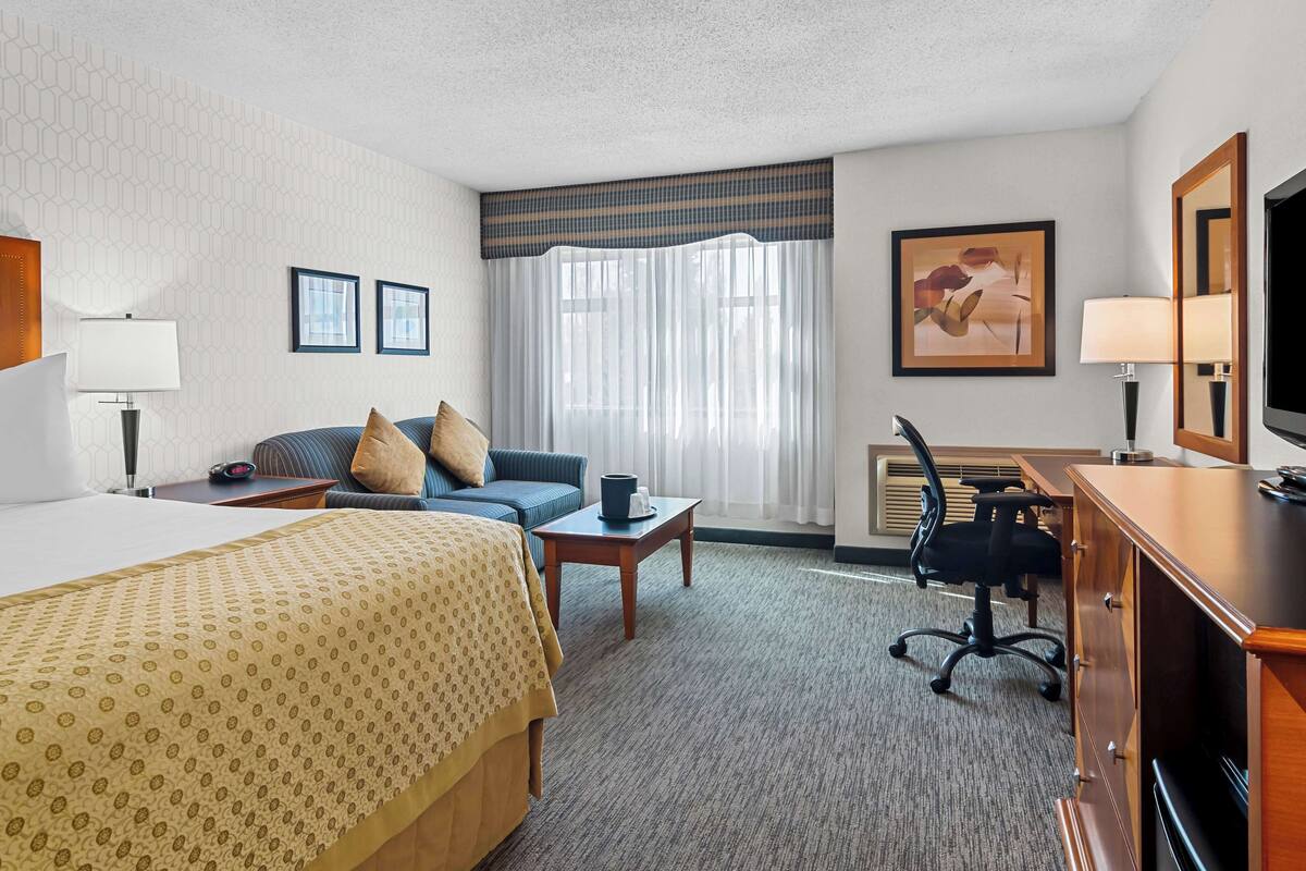 Premium bedding, desk, laptop workspace, blackout drapes