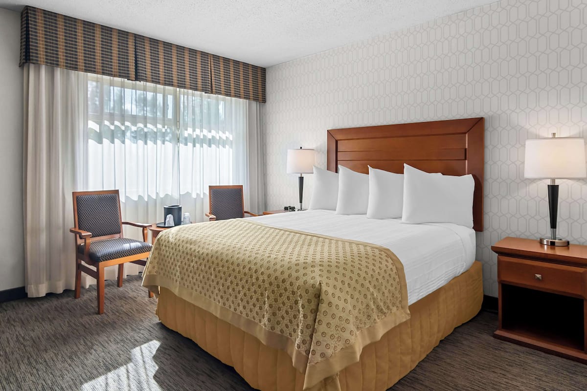 A hotel room with a large bed, two bedside tables with lamps, a chair, and a window with sheer curtains.