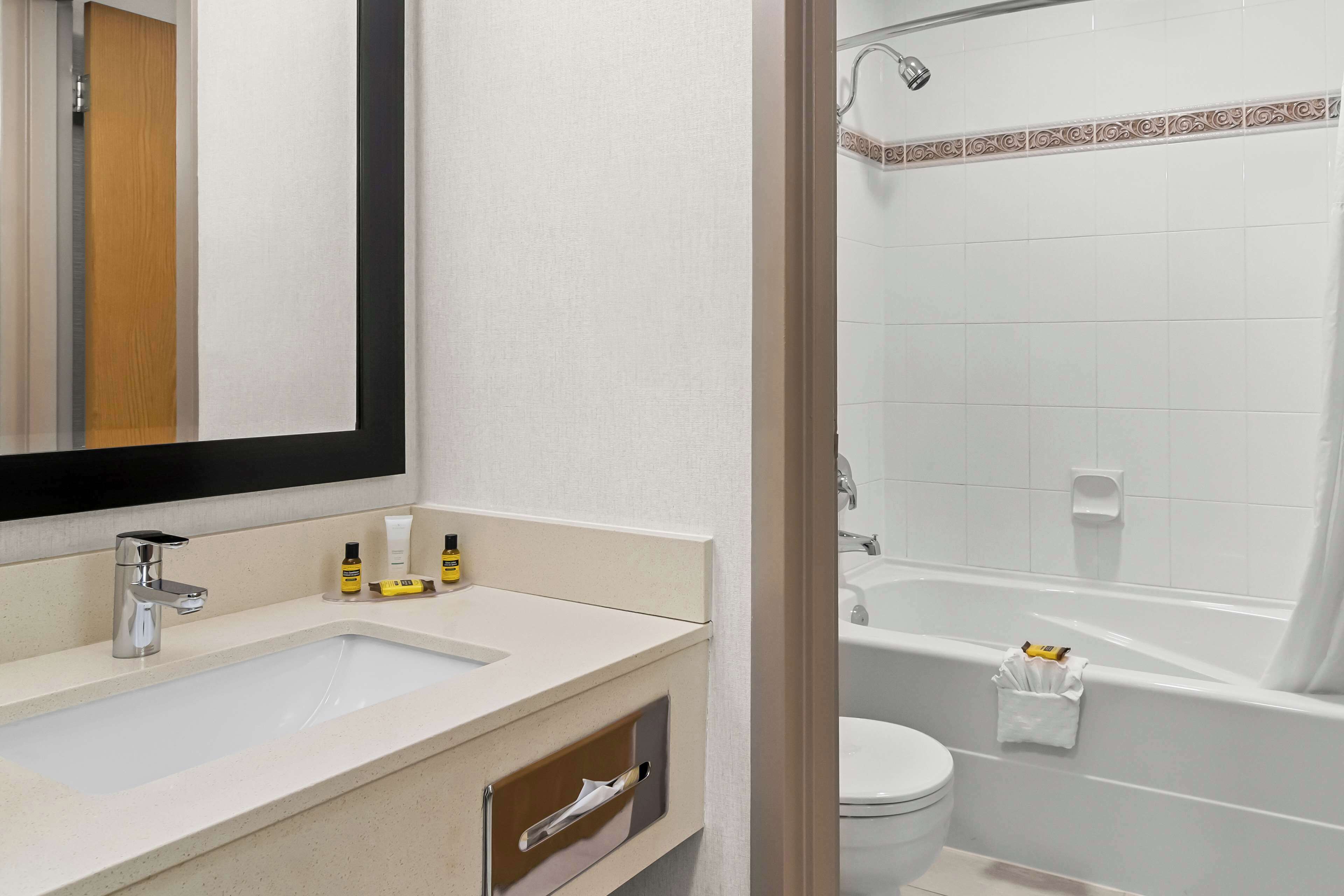 designer toiletries, hair dryer, towels